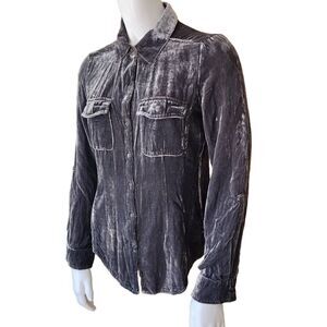 Ecru Gray Crushed Velvet Button Down Top